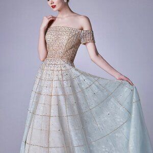 NEW CHAMPAGNE/BLUE PARTY EVENING OFF THE SHOULDER MODERN BEADED BALLGOWN AL0724